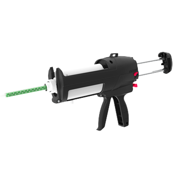 Side view of cartridge applicator gun for Infinity Seam with static mixing tip